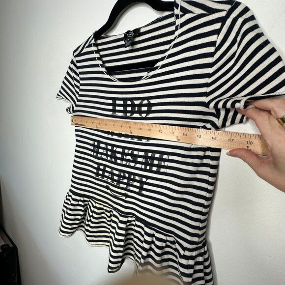 MNG Mango Black White Stripe I Do What Makes Me Happy Short Sleeve Ruffle Tee SM - Picture 7 of 9